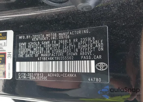 2009 Toyota Camry Le from USA, damaged, VIN 4T1BE46K19U355562